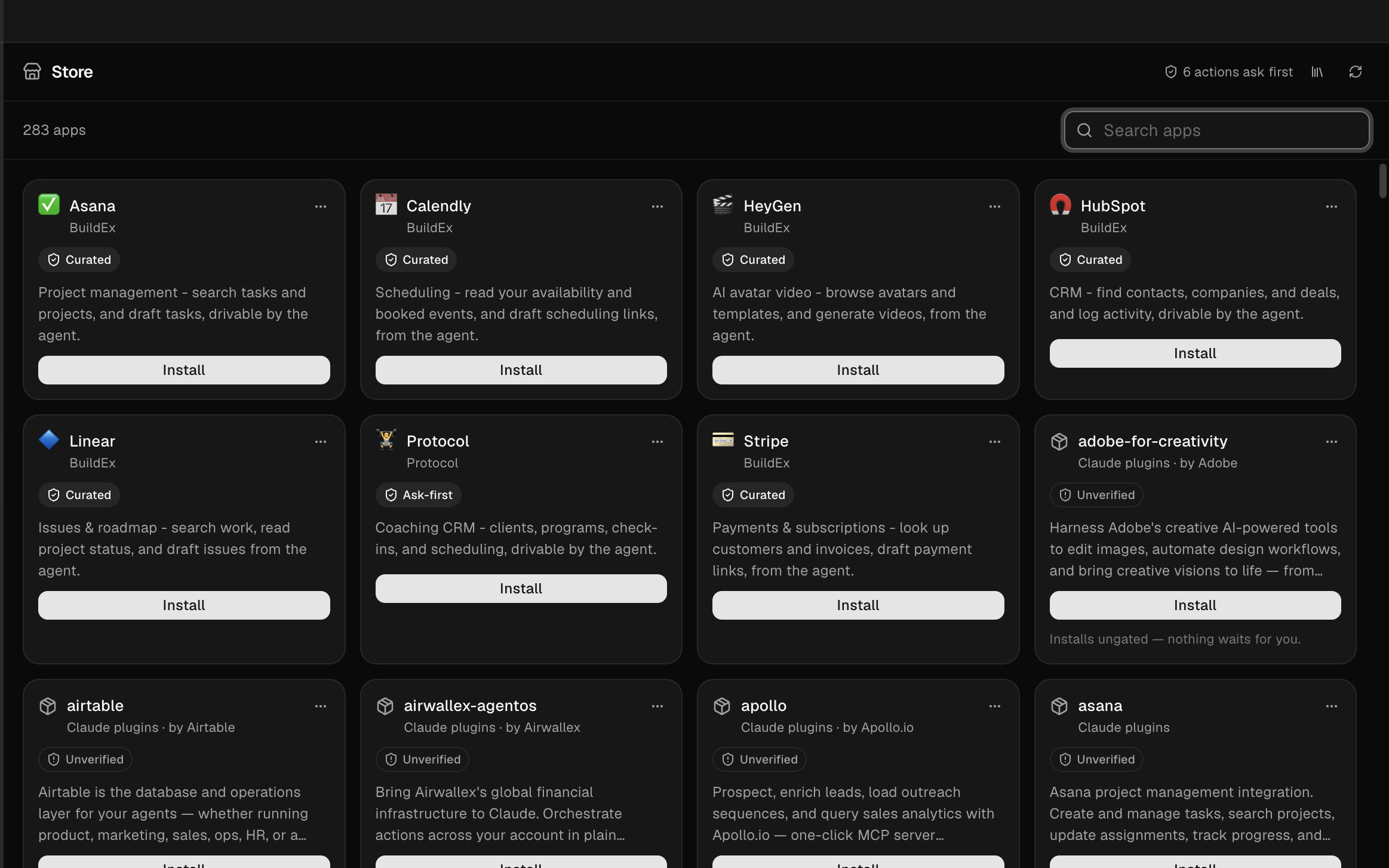 The Store in BuildEx: 283 apps including Asana, Calendly, HubSpot, Linear, Protocol and Stripe, each installable into the company repo, with a badge showing six actions are set to ask first.